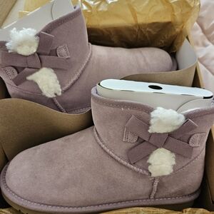 Koolaburra Lilac Suede Mini Victoria Boots with Bow Accent